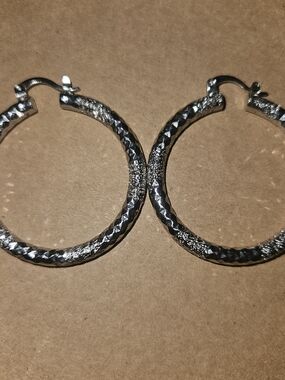 Silver Textured Hoop Earrings - Women Jewelry